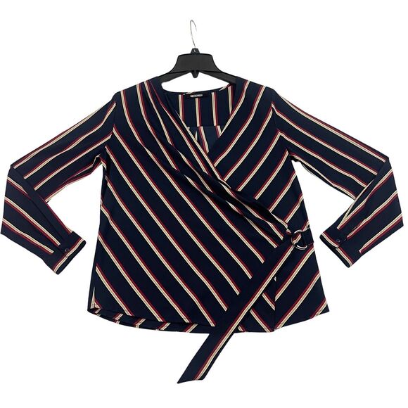 Misguided Blouse Womens Size 10 Striped V Neck Surplice Wrap Long Sleeve Top - Picture 1 of 12